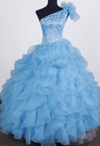 One Shoulder Organza Aqua Blue Little Girl Pageant Dress with Beading