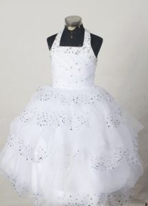 White Halter Little Girl Pageant Dress with Beading and Ruffles