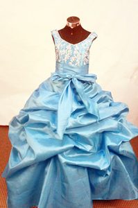 Baby Blue Appliques Scoop Little Girl Pageant Dresses With Pick-ups