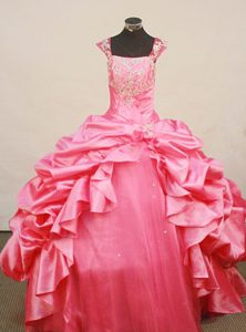 Beaded Square Hot pink Little Girl Pageant Dress with Pick-ups