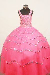 Strap Hot Pink Ball Gown Little Girl Pageant Dress with Beading