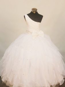 White One Shoulder Little Girl Pageant Dress with Beading In 2013