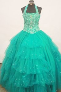 Beaded Turquoise Halter Little Girl Pageant Dress With Ruffled Layers