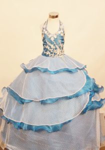 Halter Ruffled Layered Blue Little Girl Pageant Dress with Appliques