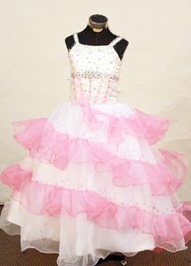 Pink and White Beaded and Ruffled Layers Little Girl Pageant Dress