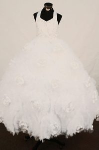 White Halter Little Girl Pageant Dress with Beading and Handmade Flowers