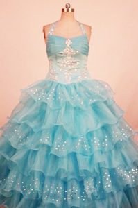 Aqua Blue Halter Beaded Little Girl Pageant Dress with Ruffled Layers