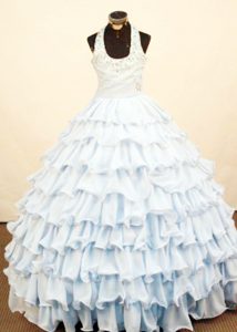 Light Blue Halter 2013 Little Girl Pageant Dress with Ruffled Layers