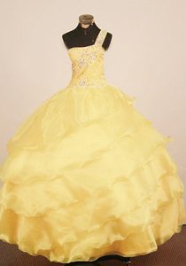 One Shoulder Pageant Dress for Girls in Yellow with Beading and Layers