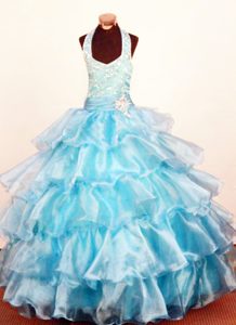 Halter Light Blue 2013 Little Girl Pageant Dress with Ruffled Layers
