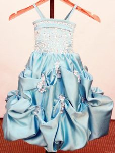 Baby Blue Appliques Spaghetti Straps Girls Pageant Dress With Pick-ups