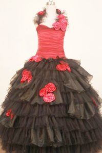 Black and Red Halter Girls Pageant Dress Ruffles and Handmade Flowers