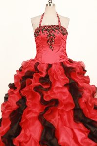 Red Ball Gown Halter Ruffled and Beaded Girls Pageant Dress In Aloha