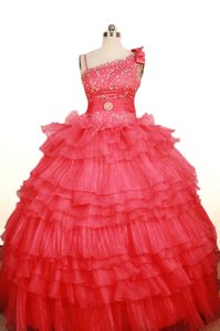 Coral Red Asymmetrical Beaded and Ruffled Little Girl Pageant Dress