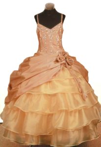 Handmade Flowers Gold Straps Girls Pageant Dress Layers and Beading