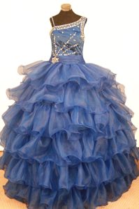 Blue Beaded Ruffled Layers Asymmetrical Little Girl Pageant Dress