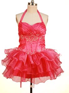 Mini-length Halter Little Girl Pageant Dress Beading and Ruffled Layers