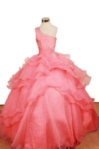 One Shoulder Watermelon Beading Ruffled Layers Pageant Dress for Girls