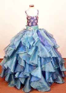 Ruffled Layers Blue Square Little Girl Pageant Dress with Applique