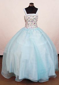 Baby Blue Straps Little Girl Pageant Dress Square with Rhinestone