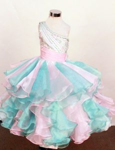 One Shoulder Colorful Little Girl Pageant Dress Beading and Ruffles