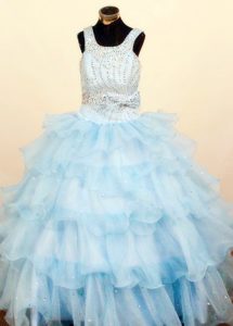 Straps Baby Blue Ruffled Layers Square Little Girl Pageant Dress