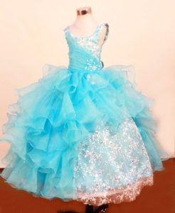 Baby Blue Scoop Little Girl Pageant Dress with Ruffled Layered and Lace