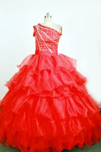 Beaded and Ruffled One Shoulder Red Ball Gown Little Girl Pageant Gown