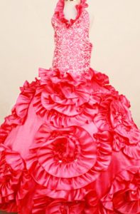 Coral Red Halter Little Girl Pageant Dress with Ruffles and Beading