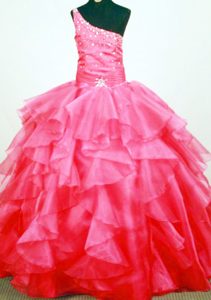 Beaded One Shoulder Ruffled Layers Coral Red Little Girl Pageant Dress