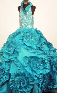 Turquoise Turquoise Little Girl Pageant Dress with Ruffles and Beading