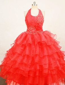 Beaded Red Halter Organza Little Girl Pageant Dresses With Ruffles