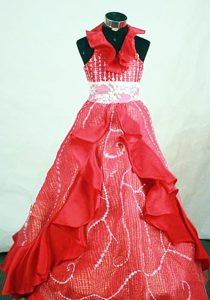 Halter Red Organza Beaded and Ruffled Little Girl Pageant Dress