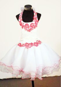 White Halter Mini-length Little Girl Pageant Dresses With Red Appliques