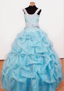 Aqua Blue Ball Gown Straps Beading and Bowknot Pageant Dress for Girls