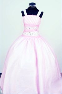 Ball Gown Straps Baby Pink Taffeta Glitz Pageant Gowns With Beading
