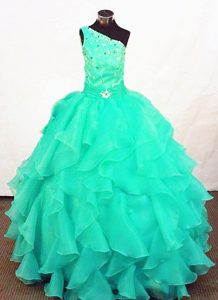 One Shoulder Turquoise Glitz Pageant Dresses with Beading and Ruffles