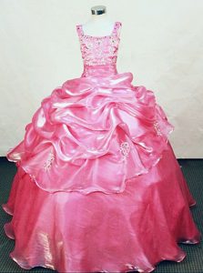 Rose pink Straps Appliques Organza Beading Little Girl Pageant Dress