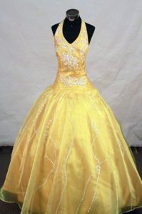 2013 Appliques Halter Little Girl Pageant Dress in Yellow