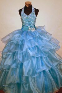 Light Blue Ruffles Beaded Halter Little Girl Pageant Dress