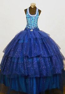 Organza Beaded Blue Halter Girls Pageant Dress with Beads