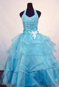 Halter Light Blue Layers Little Girl Pageant Dress Beaded