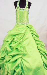 Yellow Green Beaded Halter Kid Pageant Gowns With Pick-ups
