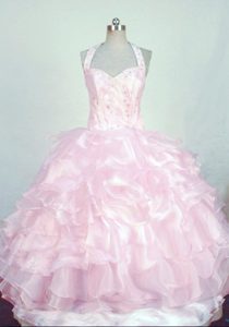 Chic Halter Ruffled Baby pink Beading Glitz Pageant Dress