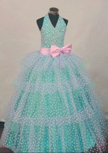 Beading Bowknot Turquoise Halter Girl Pageant Dresses 2013