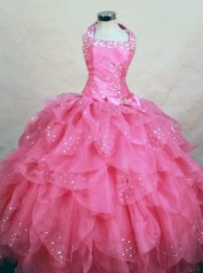 Ruffles Halter Top Hot Pink Girls Pageant Dress with Beads