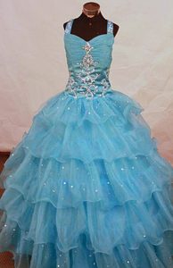 Ruffled Aqua Blue Straps Beading Little Girl Pageant Dress