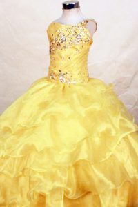 Yellow Bead Ruffles Girls Pageant Dress With One Shoulder