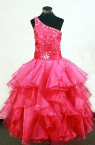 One Shoulder Coral Red Beading Kid Pageant Dress for Cheap
