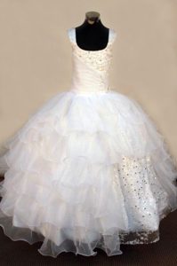 White Ruffled Square Kid Pageant Dress with Beading Straps